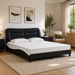 Black and White LED Bed Frame with Faux Leather Design