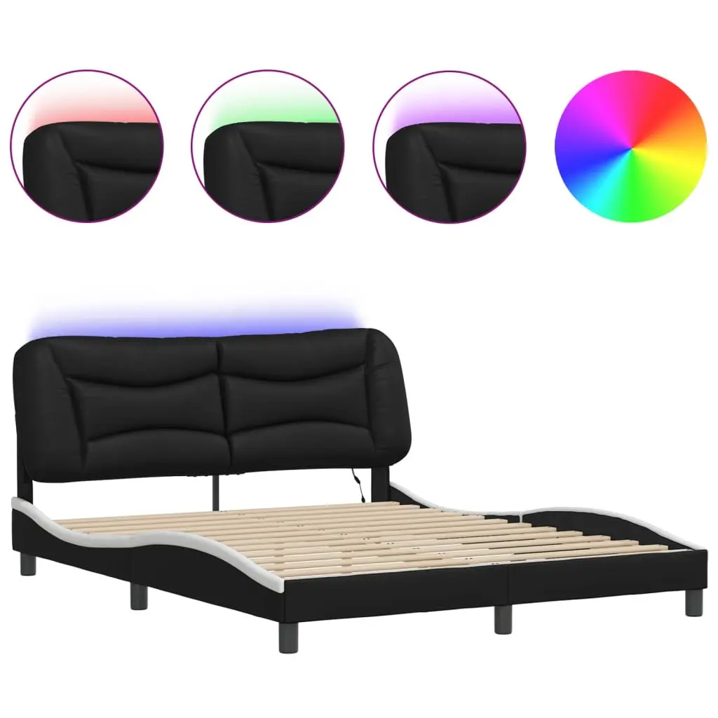 Bed Frame with LED Lights Comfort 152x203cm Black White Faux Leather