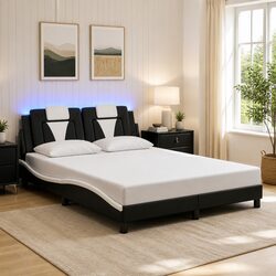 LED Light Bed Frame with Foam-Cushioned Headboard, Black