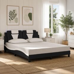 LED Light Bed Frame with Faux Leather and Plywood Slats