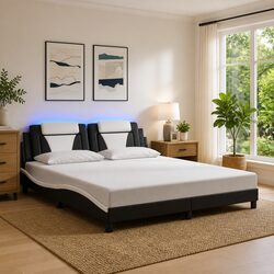 Faux Leather Queen Bed Frame with LED and Plywood Base