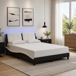 Black and White Bed Frame with LED Lighting 137x190 cm