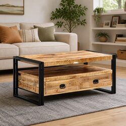 Coffee Table with Drawers and Shelf in Mango Wood