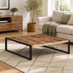 Solid Mango Wood Coffee Table with Steel Legs, 140x140x40cm
