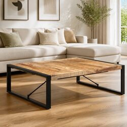 Coffee Table 120x120x40cm - Solid Mango Wood with Steel Legs
