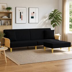 2-Seater Sofa Bed with Footstool in Black Velvet