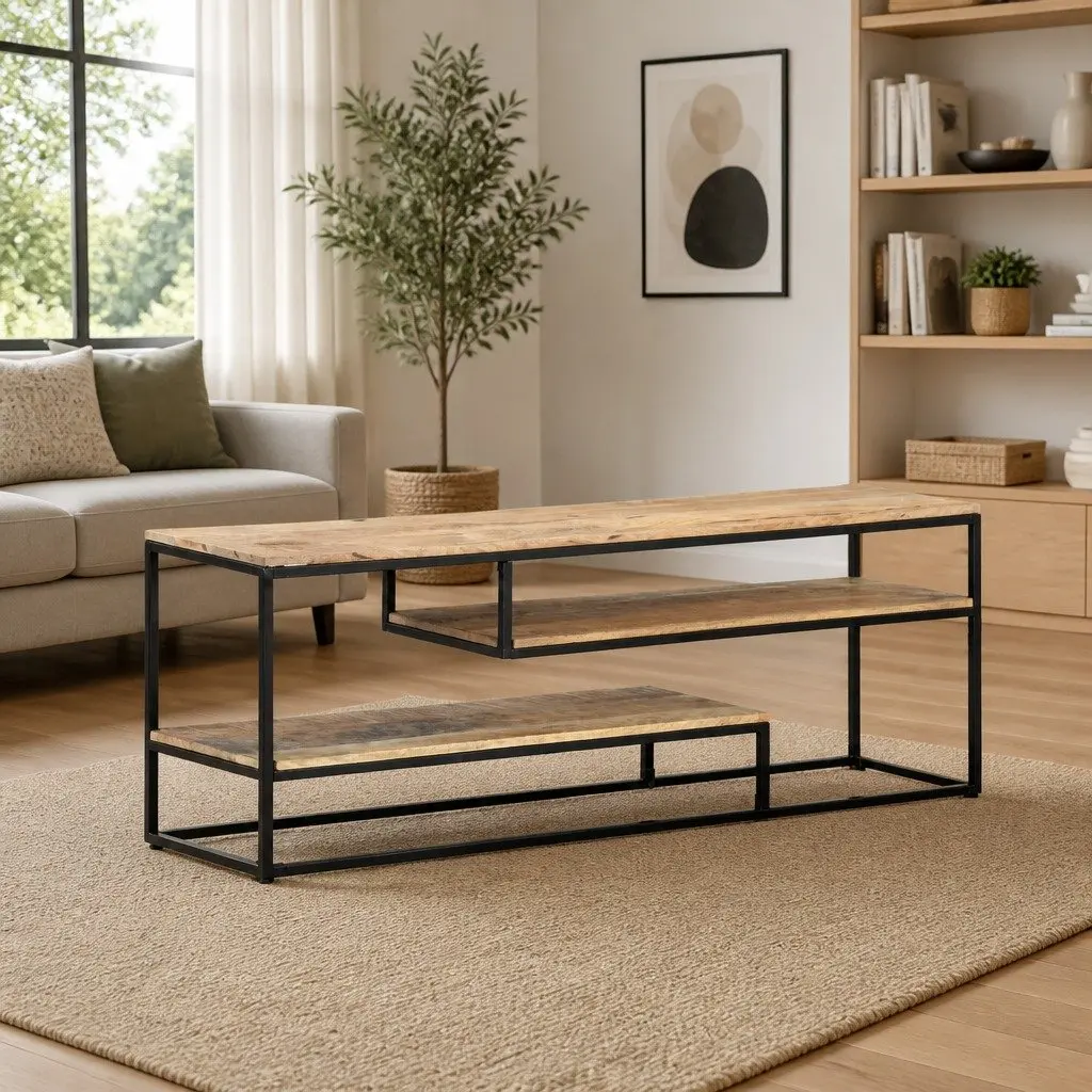 TV Cabinet Industrial Style 130x30x45cm Rough Mango Wood Brown