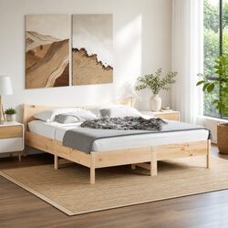 King Bed Frame in Solid Pine Wood with Slatted Base 183x203cm