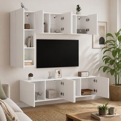 Wall-Mounted 5-Piece White TV Unit with Storage Shelves