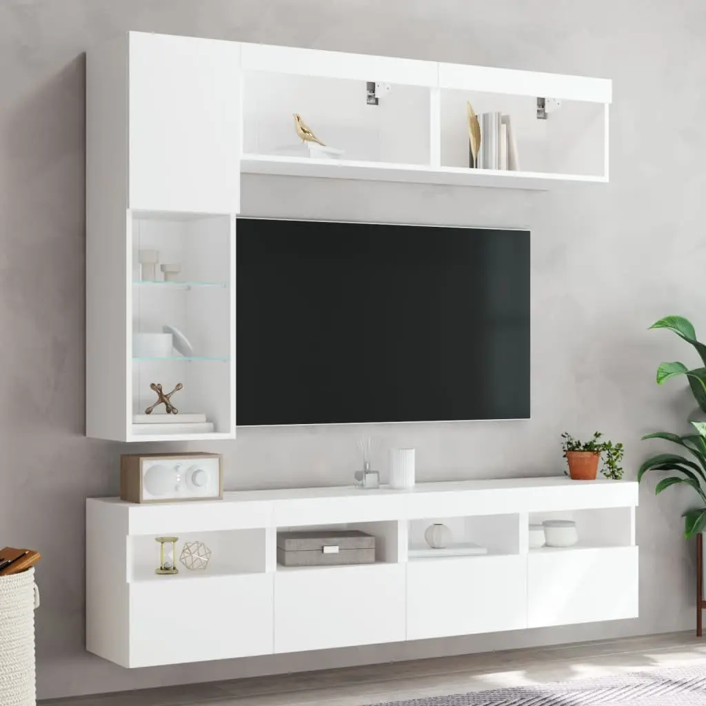 TV Wall Cabinet Set Floating Storage Unit 7 Piece White with RGB LED Lights
