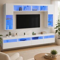 8-Piece White TV Wall Cabinet Set with RGB LED Lighting