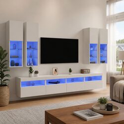 7-Piece White Wall-Mounted TV Cabinet Set with RGB Lights