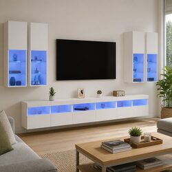 Contemporary White 7 Piece TV Wall Cabinet with LED