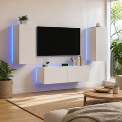 3-Piece White Wall-Mounted TV Storage Units with LED Lights