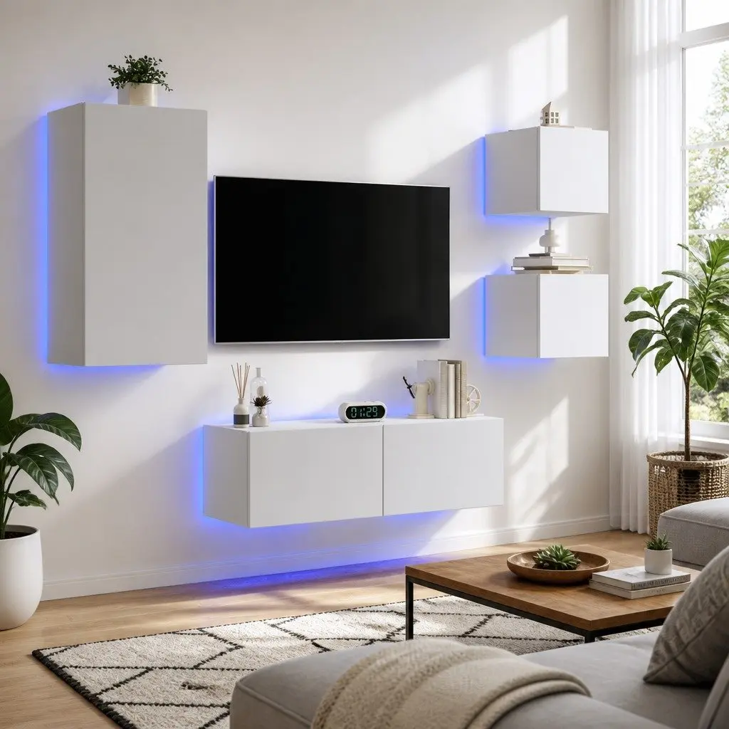 TV Wall Cabinets with RGB LED Lights Floating Storage Units 4 Piece White