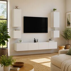 6 Piece White Engineered Wood Wall Cabinets with LED Lights