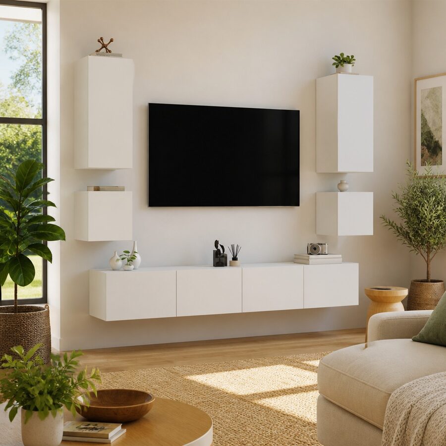 6 Piece White Engineered Wood Wall Cabinets with LED Lights