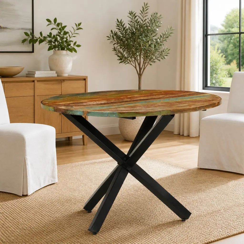 Round Dining Table Sturdy 100x100x75cm Reclaimed Wood Brown
