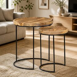 2 Piece Coffee Table Set with Solid Mango Wood Tops and Steel Frames
