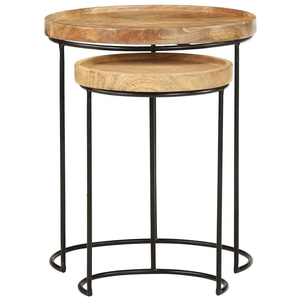 Coffee Table Set Vintage Style Solid Mango Wood Steel Frame 2 Piece Brown