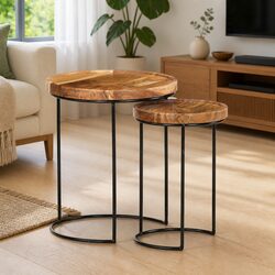 2-Piece Coffee Table Set with Solid Acacia and Steel