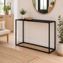 Black Console Table with Glass Top and Steel Frame