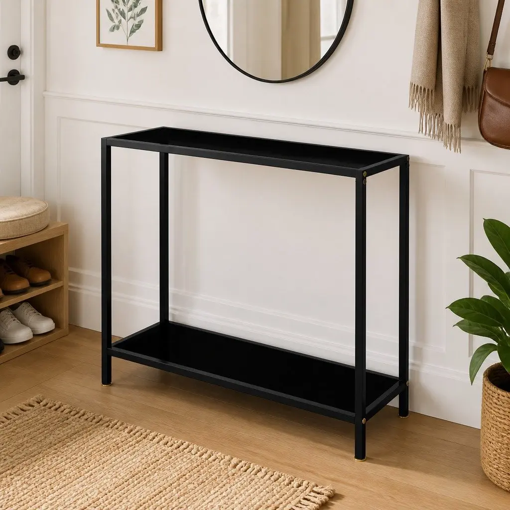 Console Table Black Tempered Glass Top Powder Coated Steel Frame Integrated Shelf 100 cm x 35 cm x 75 cm