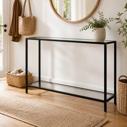 Tempered Glass Console Table with Powder-Coated Steel Frame