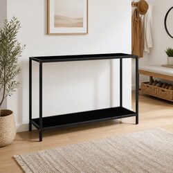 Black Console Table with Glass Top and Steel Frame