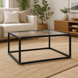 Durable Black Coffee Table with Glass Surface and Steel Frame