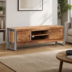 TV Cabinet with Iron Frame and Rough Mango Wood