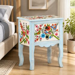 Solid Mango Wood Bedside Cabinet with Hand-Painted Finish