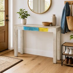 White Console Table in Rough Mango Wood, 115x35x77cm