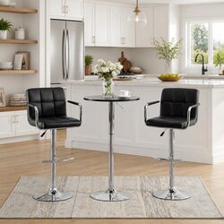 Black Faux Leather Bar Stools Set of 2 with Adjustable Height