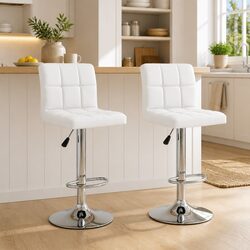 Set of 2 Adjustable Height Bar Stools - White Faux Leather