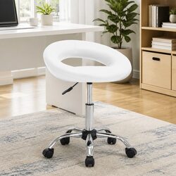 Adjustable Height Rolling Office Chair in White Faux Leather