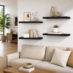Black MDF Floating Wall Shelves, 4 Pieces