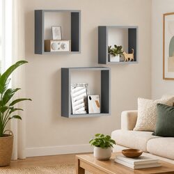 Set of 3 Floating Grey Cube Shelves for Organized Display