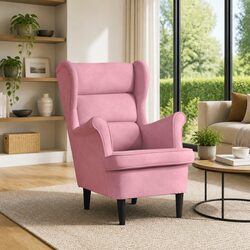 Pink Velvet Armchair with Plywood Frame and Padded Seat