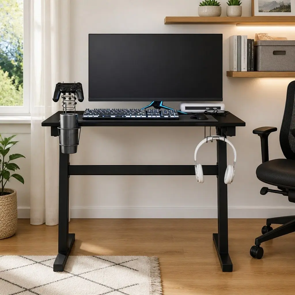 Gaming Desk LED RGB Black Z Shape Legs Computer Workstation Ergonomic Design