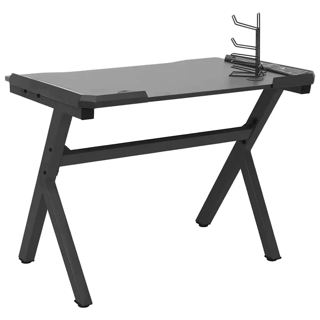 Gaming Desk LED RGB Black Y Shape Computer Workstation with Accessories Racks