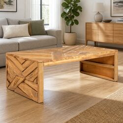 Teak Wood Coffee Table with Erosion Design for Living Rooms