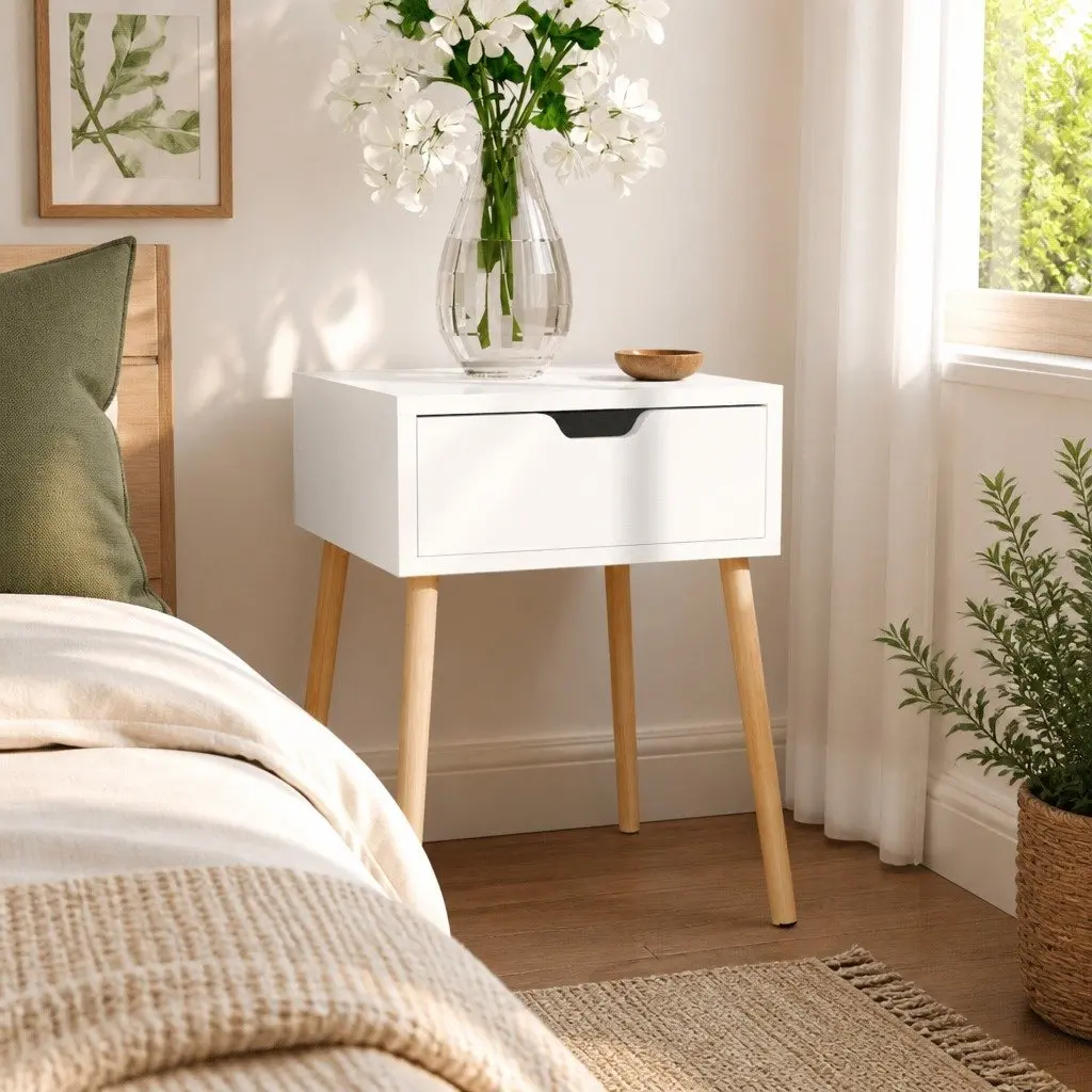 White Bedside Cabinet Engineered Wood Storage 40cm x 40cm x 56cm Modern Nightstand
