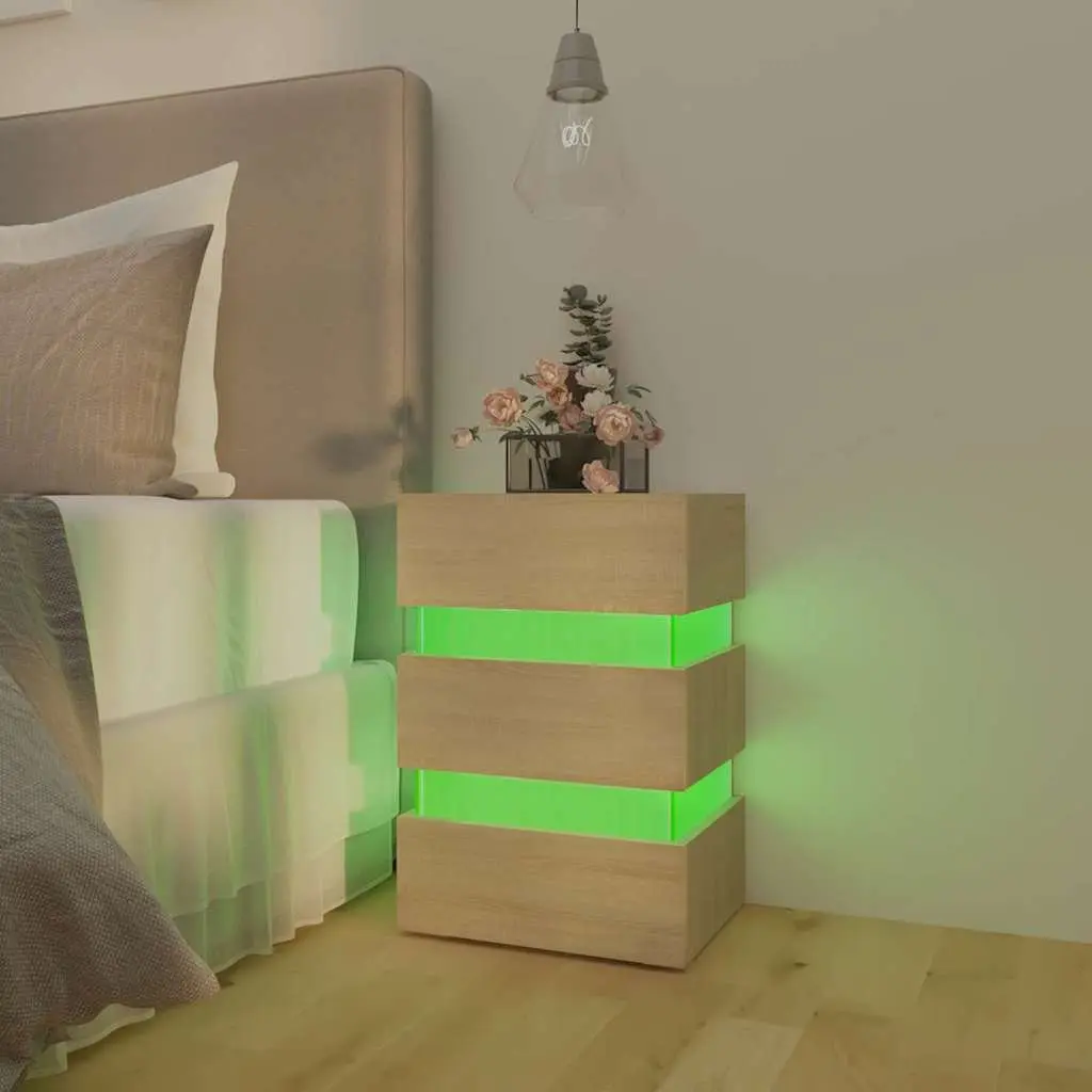 Engineered Wood Brown Nightstand LED Light Storage Bedside Table