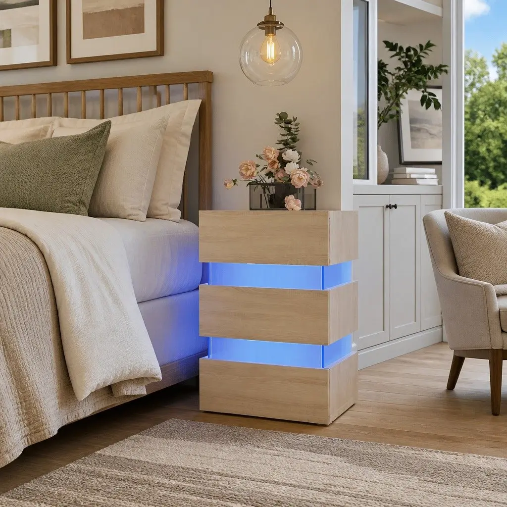 LED Light Nightstand with Storage Engineered Wood Beige 45x35x67cm