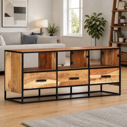 Solid Acacia Wood TV Cabinet with Iron Frame 110x30x45cm