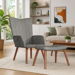 Light Grey Upholstered Armchair with Stool