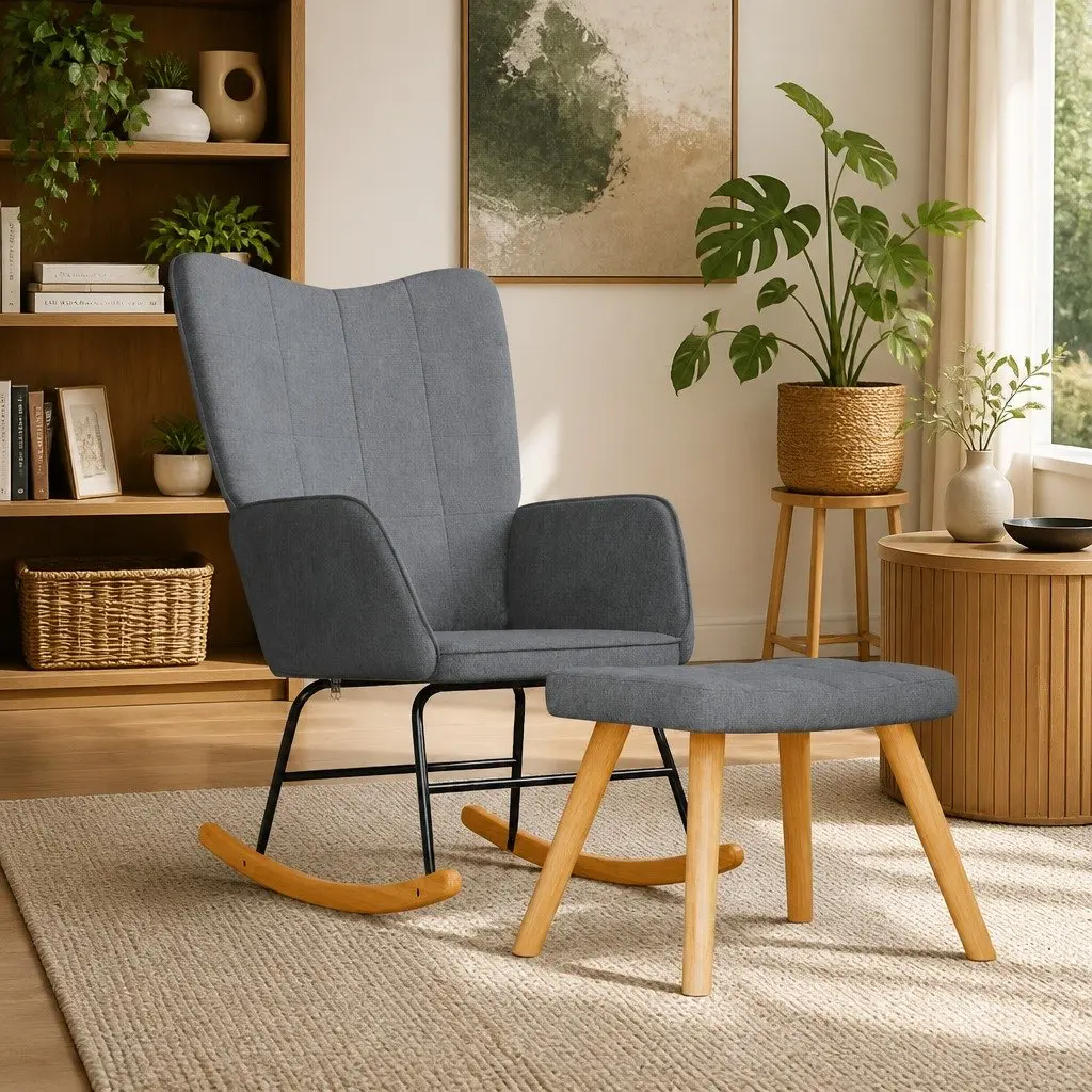 Rocking Chair with Stool Padded Foam Seat Grey Fabric