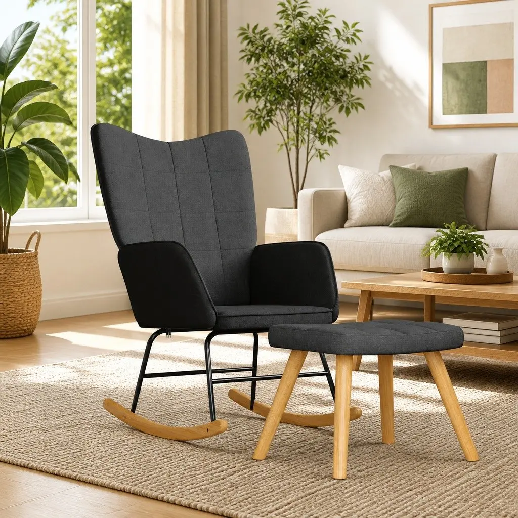 Rocking Chair with Footstool Dark Grey Fabric Armchair Relaxing Lounge Seat