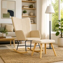 Cream Upholstered Rocking Chair and Stool Set